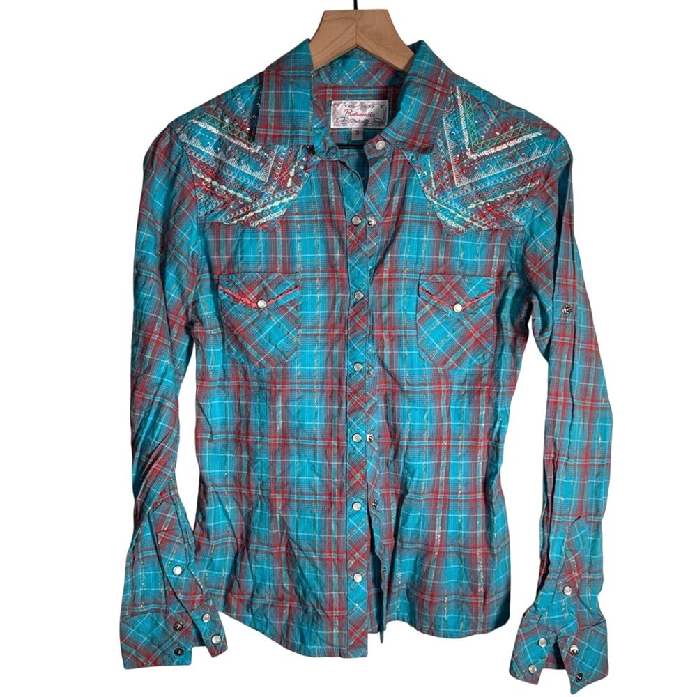 VINTAGE PANHANDLE cowgirl rodeo Western plaid pearl snap shirt w rhinestones S